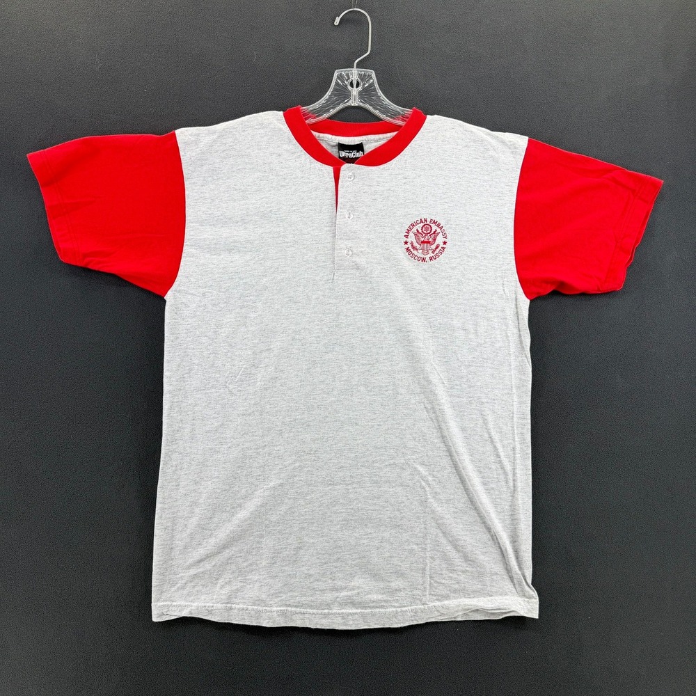 UltraClub American Embassy Moscow Russia Henley Shirt Mens Large Gray Red USA